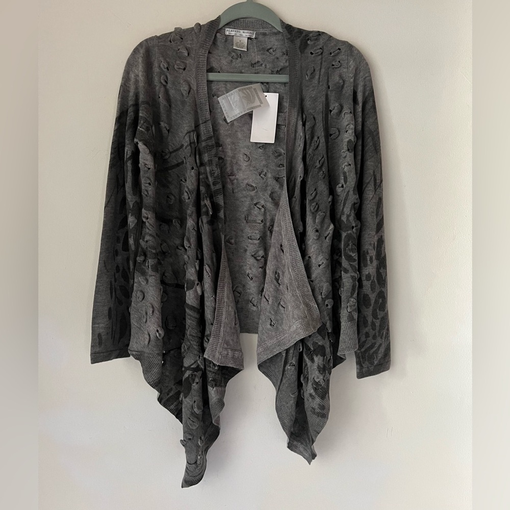 NWT Alberto Makali Sz S Wool Blend Gray Animal Print Open Front Cardigan Sweater